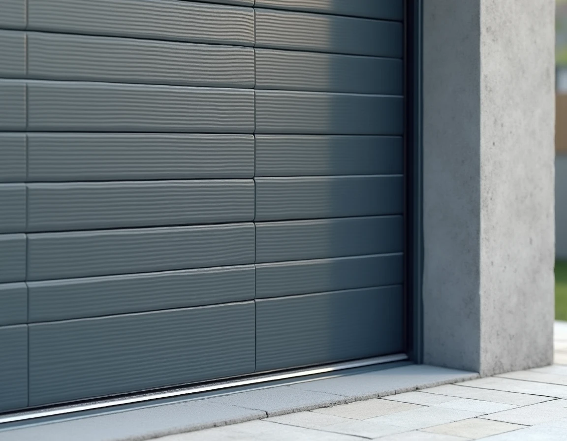 Détail des panneaux et du cadre d'une porte de garage double en acier gris anthracite avec seuil aluminium