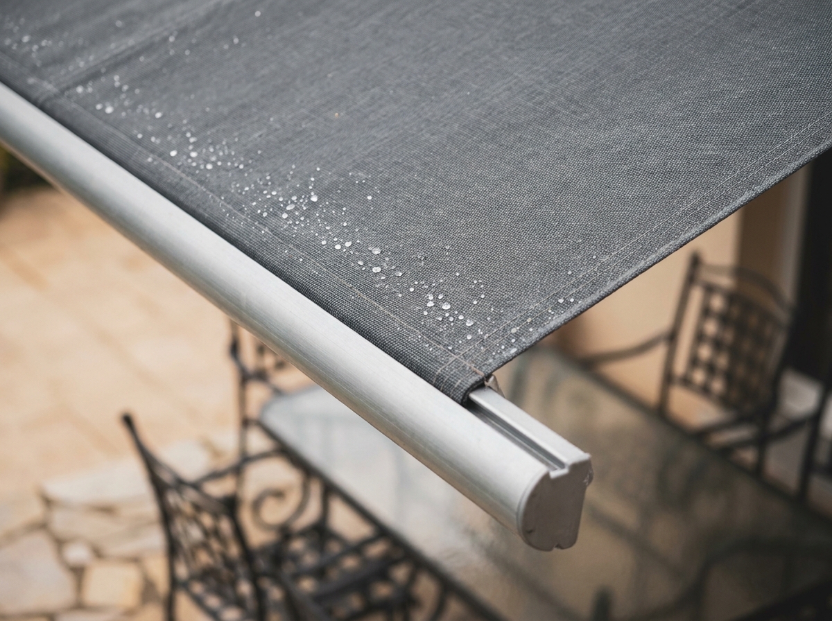 Gros plan sur la texture d'un tissu de store banne gris anthracite résistant aux UV avec cadre en aluminium