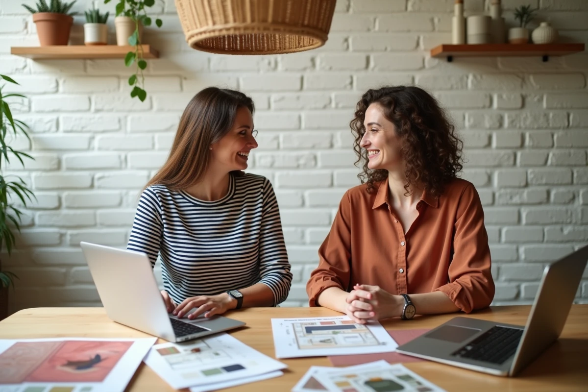 Deux femmes collaborant sur un projet de décoration intérieure avec une application et des planches d'inspiration