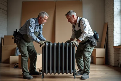 Deux hommes en travaux soulevant un radiateur en fonte dans un appartement rénové