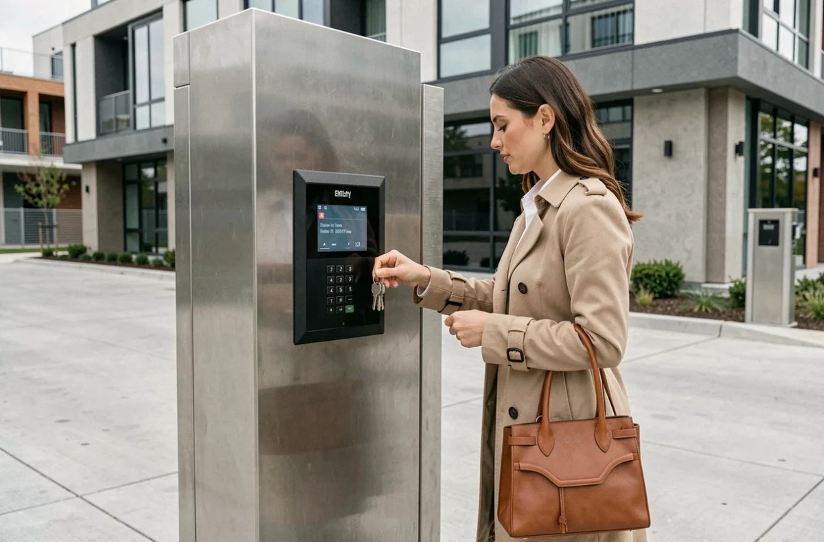 Femme devant un digicode filaire encastré dans un portail en aluminium brossé à l'entrée d'un immeuble moderne
