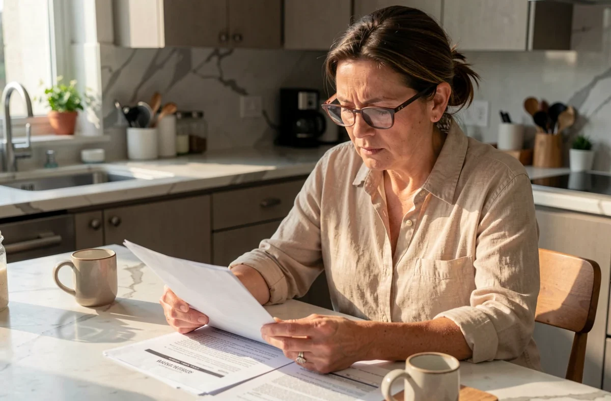 Femme étudiant des documents administratifs liés à la rupture d'un contrat de travail à domicile
