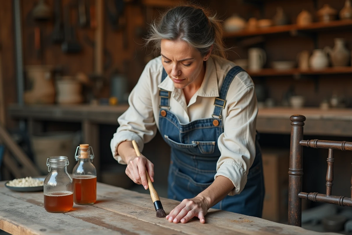 Femme appliquant un durcisseur bois fait maison sur une chaise en chêne dans un atelier artisanal
