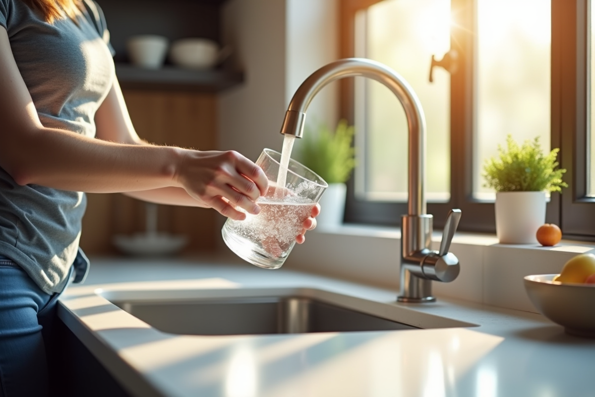 Personne remplissant un verre d'eau au robinet moderne