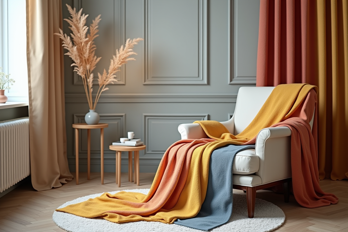 Echantillons de tissu colorés sur fauteuil contemporain