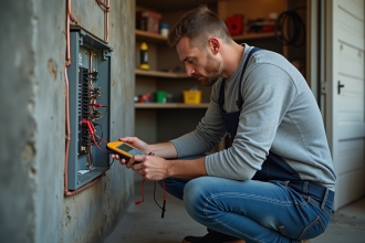 Électricien inspectant un panneau électrique dans une pièce technique