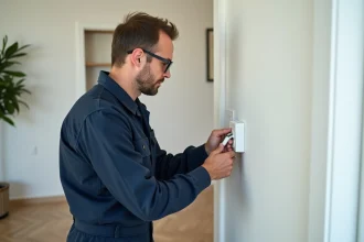 Électricien installant une goulotte PVC blanche avec prise intégrée sur un mur de salon moderne