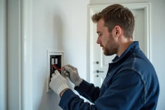 Électricien installant un interrupteur Yokis va et vient sans neutre dans une boîte encastrée murale