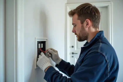 Électricien installant un interrupteur Yokis va et vient sans neutre dans une boîte encastrée murale