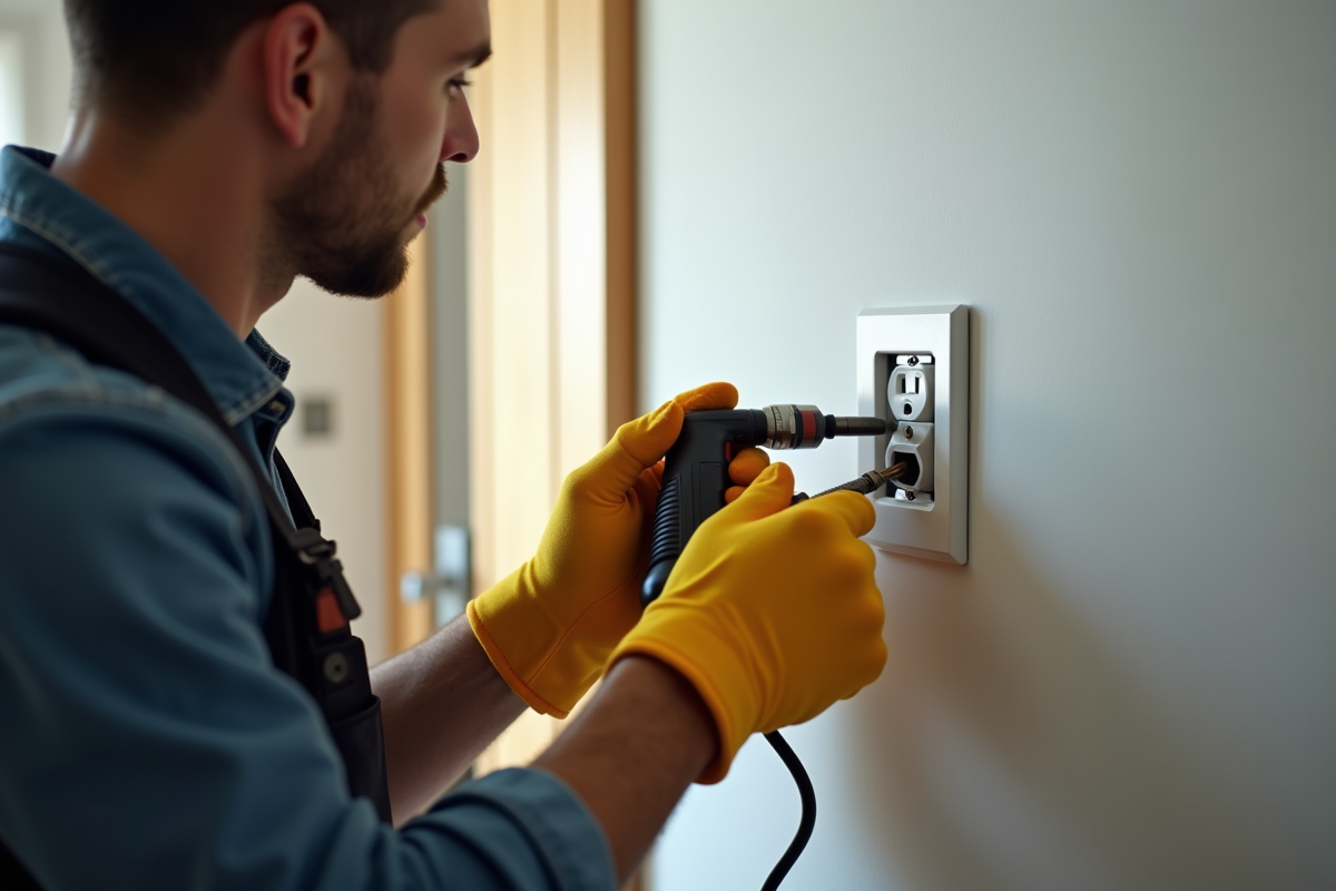 Électricien professionnel répare une prise murale dans un intérieur moderne