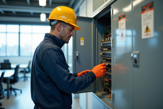 Électricien moderne inspectant un panneau électrique dans un bureau
