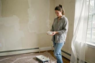 Femme plaçant un bol de vinaigre blanc dans une pièce fraîchement peinte pour éliminer les odeurs de peinture