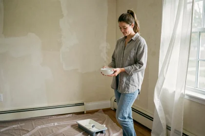 Femme plaçant un bol de vinaigre blanc dans une pièce fraîchement peinte pour éliminer les odeurs de peinture