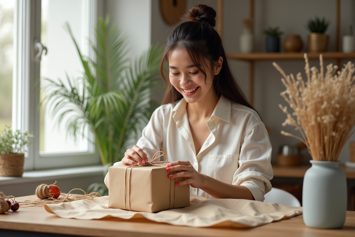 Jeune femme emballant un cadeau avec tissu naturel écologique