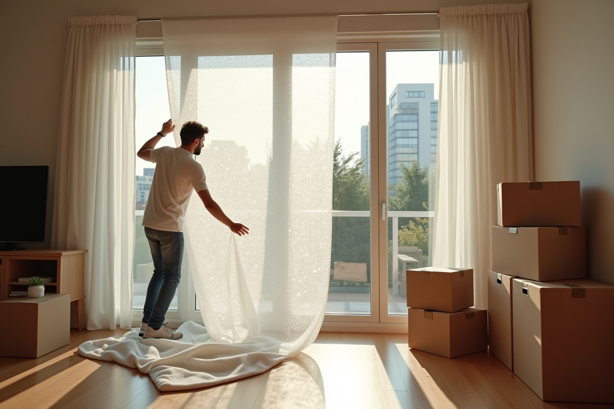 Personne enveloppant un grand vitrage avec du papier bulle dans un salon lumineux