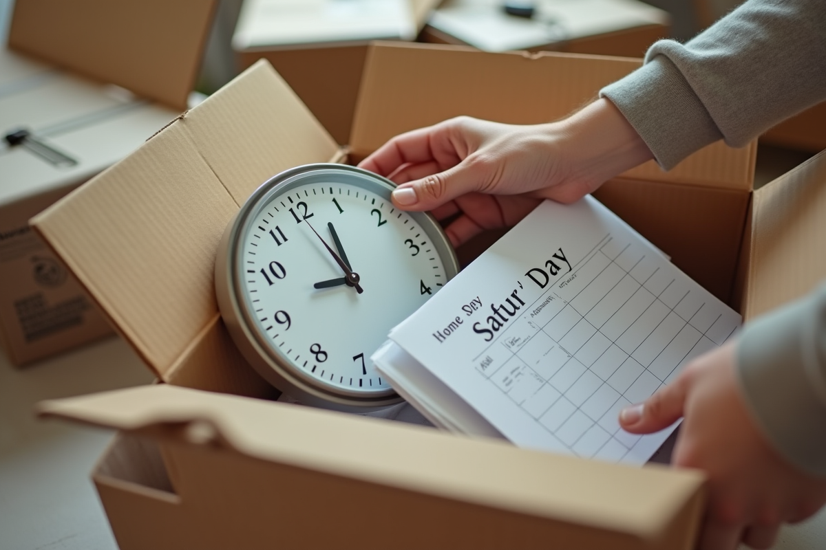 Mains plaçant une horloge et un calendrier dans une boîte en carton