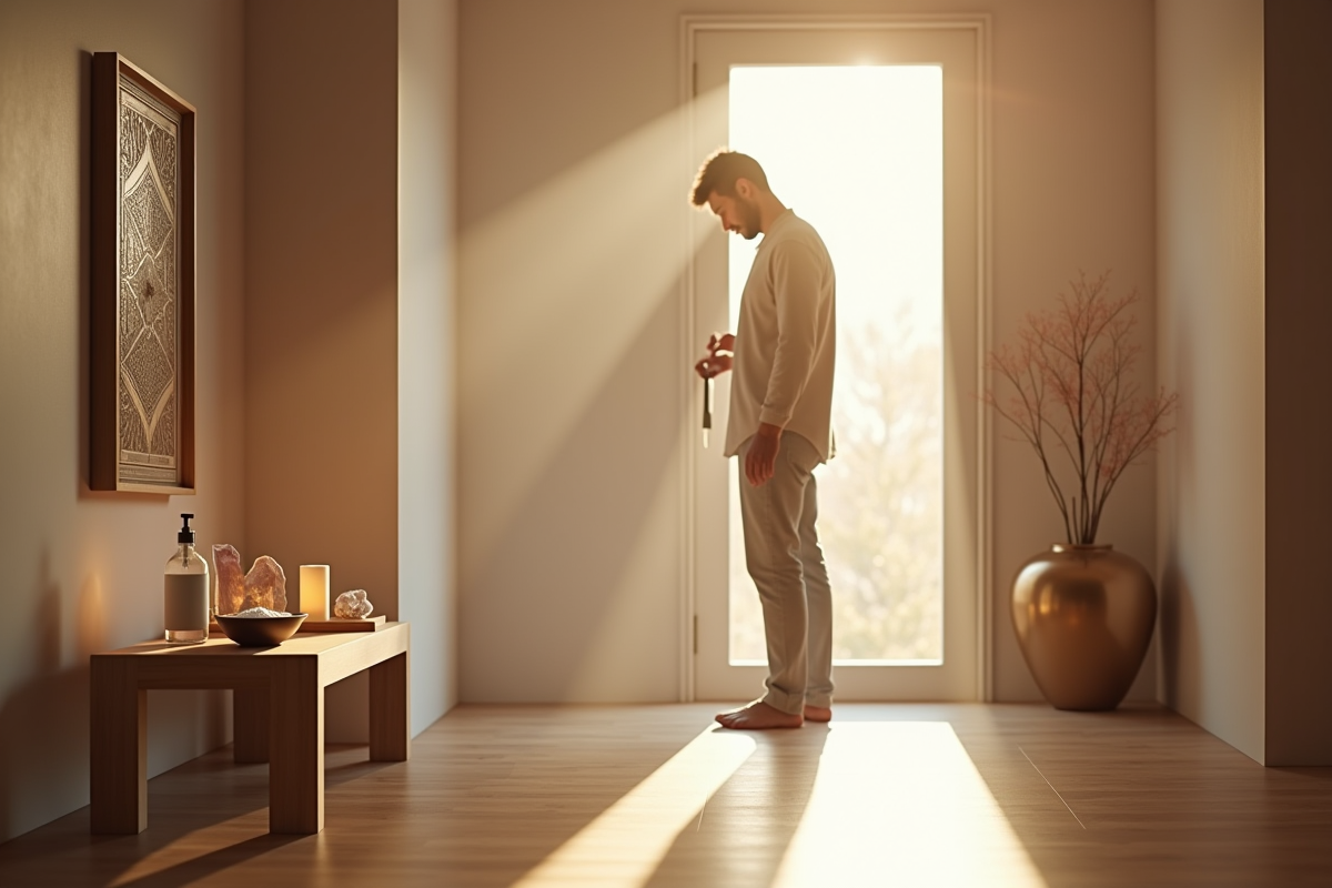 Entrée minimaliste avec sel bougie et cristaux en journée