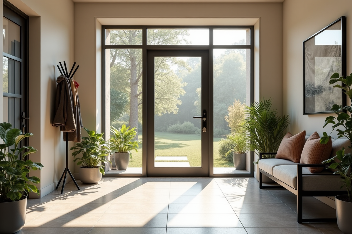 Entrée moderne avec grandes fenêtres et sol en carrelage