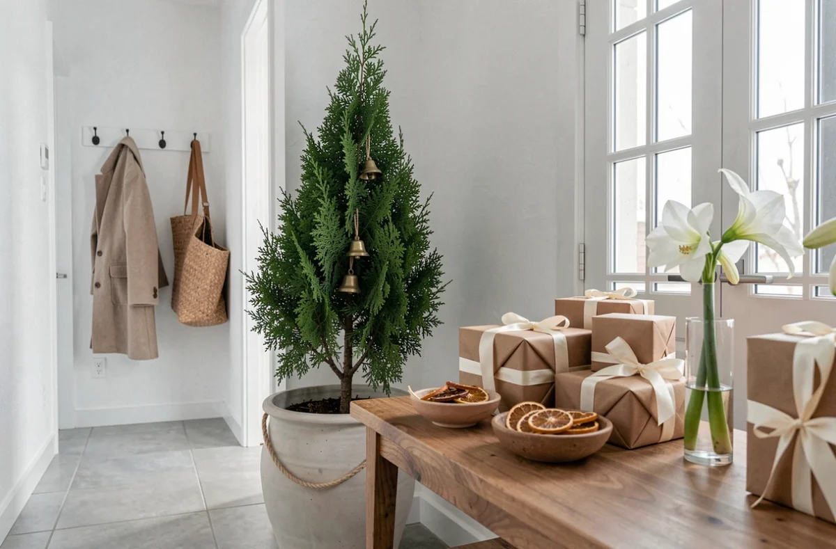 Entrée de maison décorée pour Noël avec cyprès en pot, cadeaux en papier kraft et amaryllis blanche sur console en bois