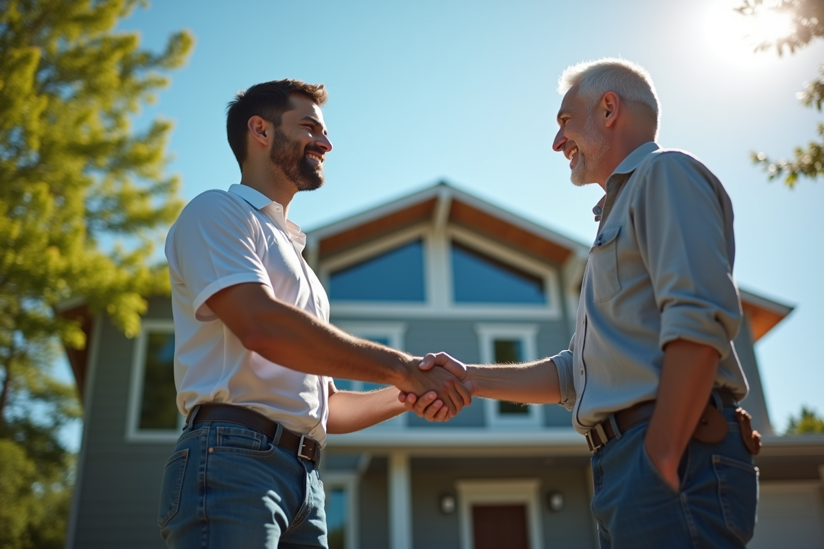 Entrepreneur en rénovation serrant la main d'un propriétaire heureux devant une maison moderne