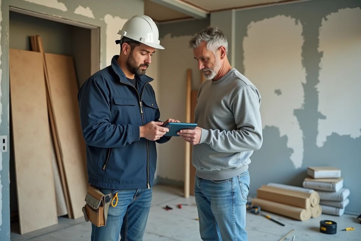 Entrepreneur montrant des devis de rénovation en ligne sur tablette à un propriétaire dans un salon en travaux