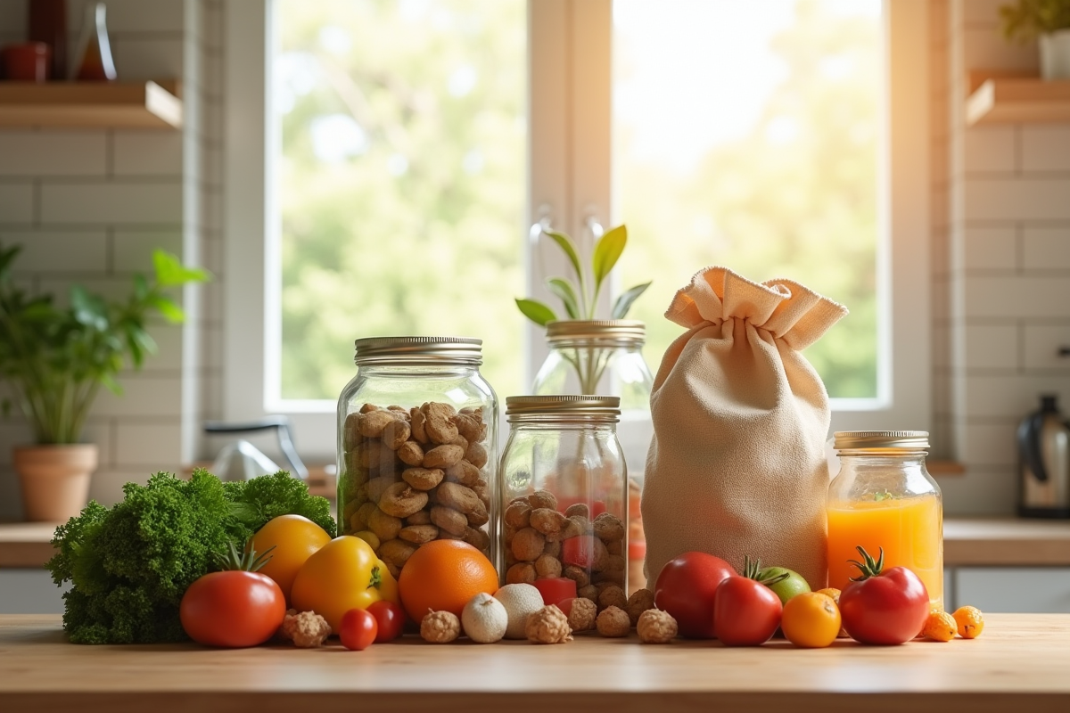 Produits alimentaires dans des contenants réutilisables dans une cuisine lumineuse