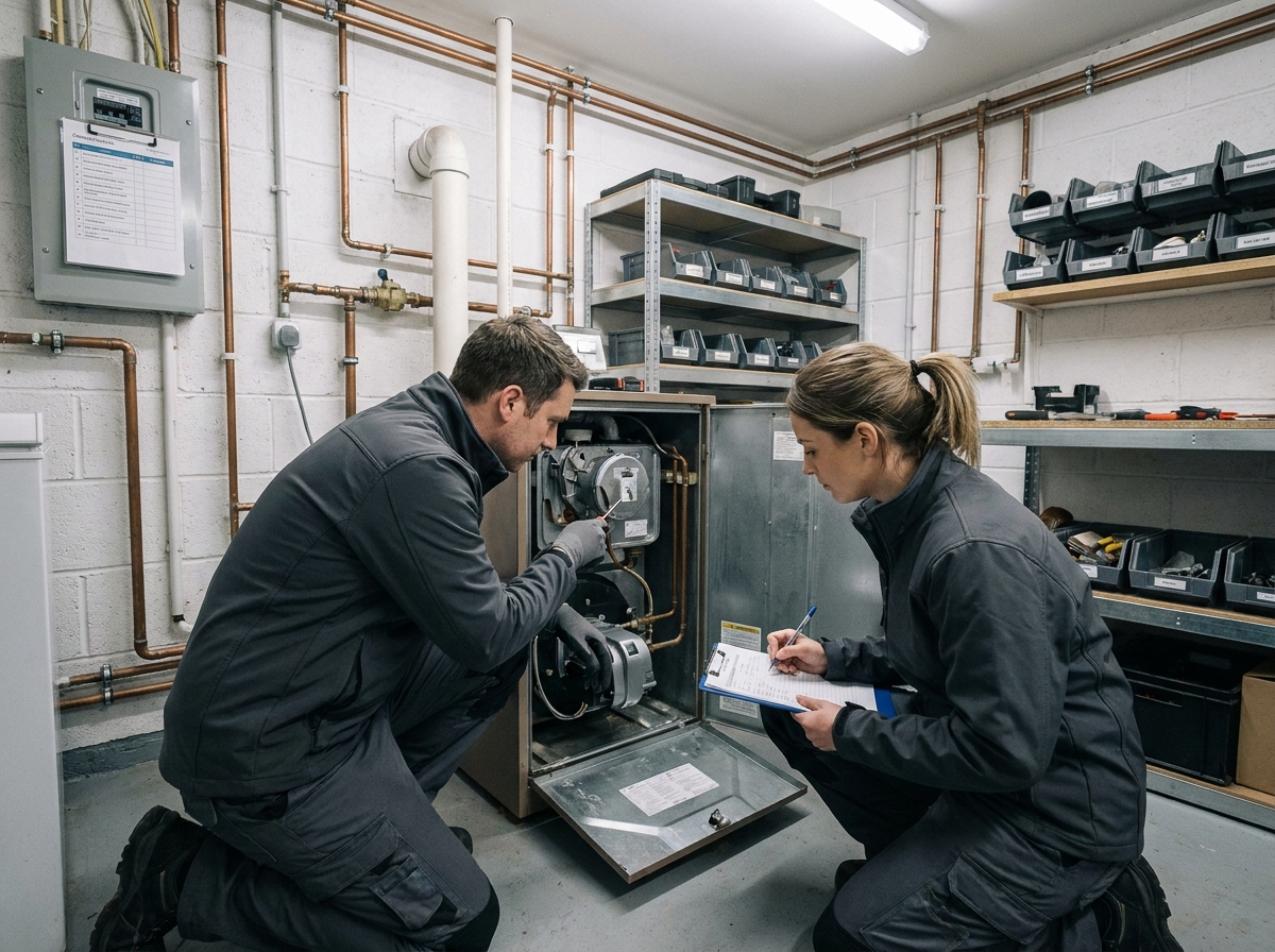 Deux techniciens en chauffage collaborant sur l'entretien d'une chaudière dans une chaufferie résidentielle