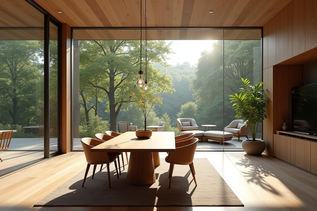 Salon moderne avec grande table en bois et grandes fenêtres