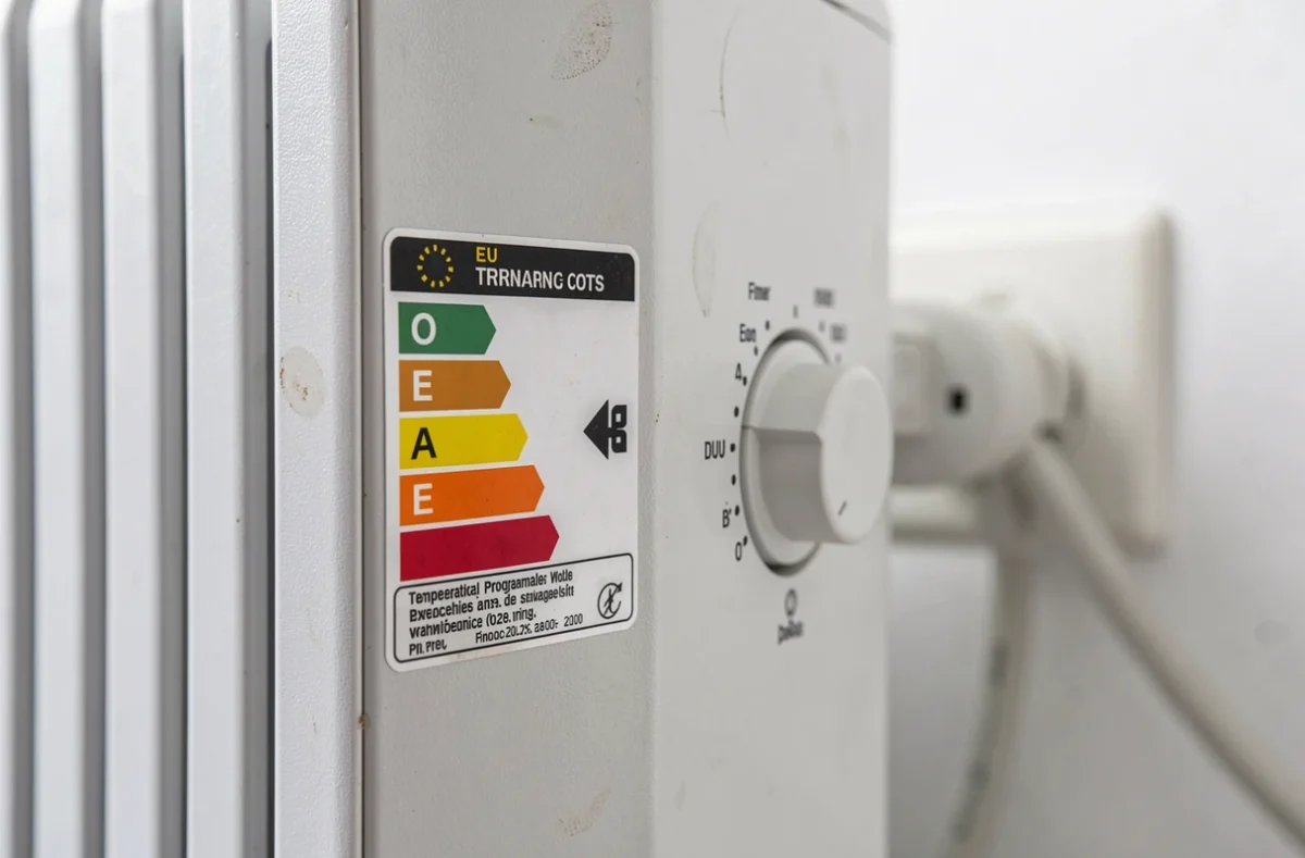 Gros plan sur l'étiquette énergie et le panneau de commande d'un accumulateur électrique pour appartement