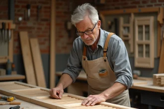 Artisan fabricant des volets en bois isolants dans un atelier de menuiserie avec des outils à main et des planches en pin
