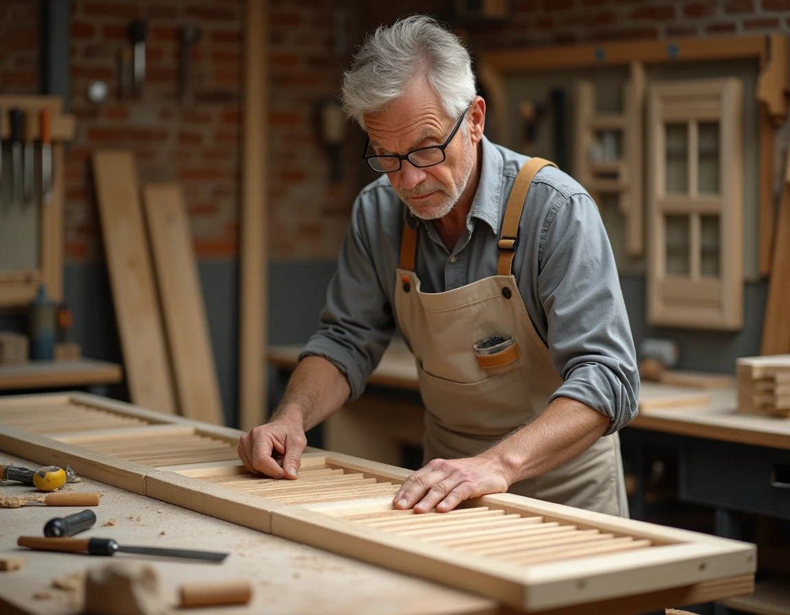 Artisan fabricant des volets en bois isolants dans un atelier de menuiserie avec des outils à main et des planches en pin