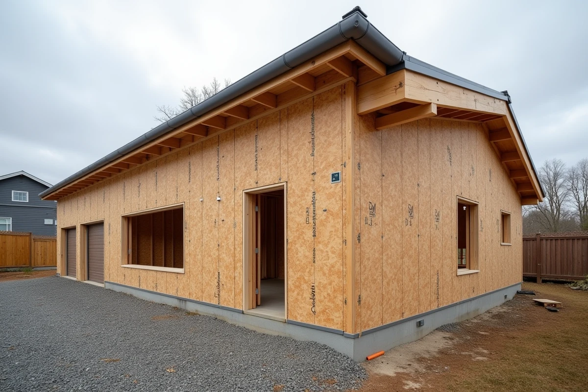 Façade extérieure en panneaux OSB avec lame d'air et tasseaux horizontaux sur maison à ossature bois