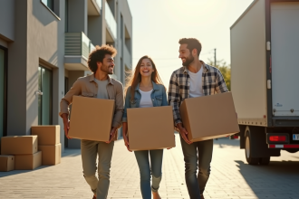 Famille souriante sortant de l'appartement avec cartons pour déménagement