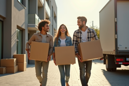 Famille souriante sortant de l'appartement avec cartons pour déménagement
