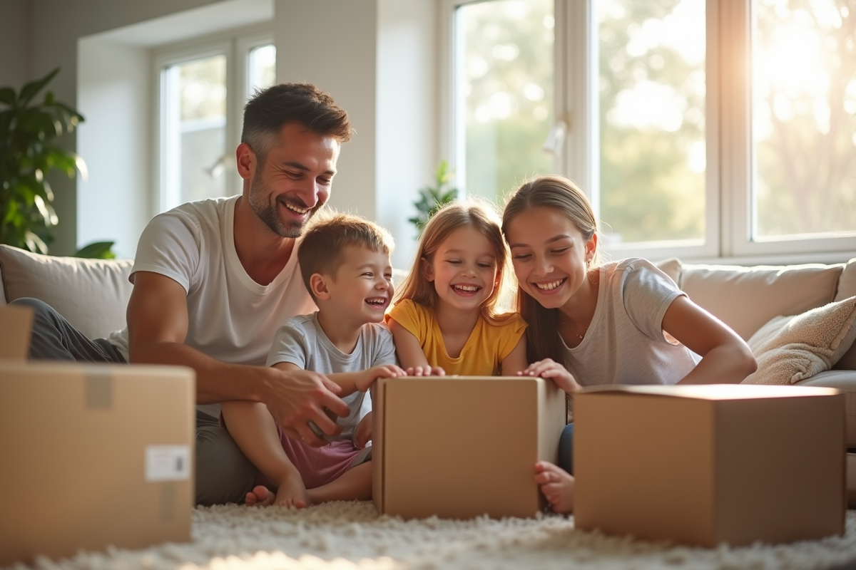 Jeune famille souriante dans un salon lumineux en déménagement