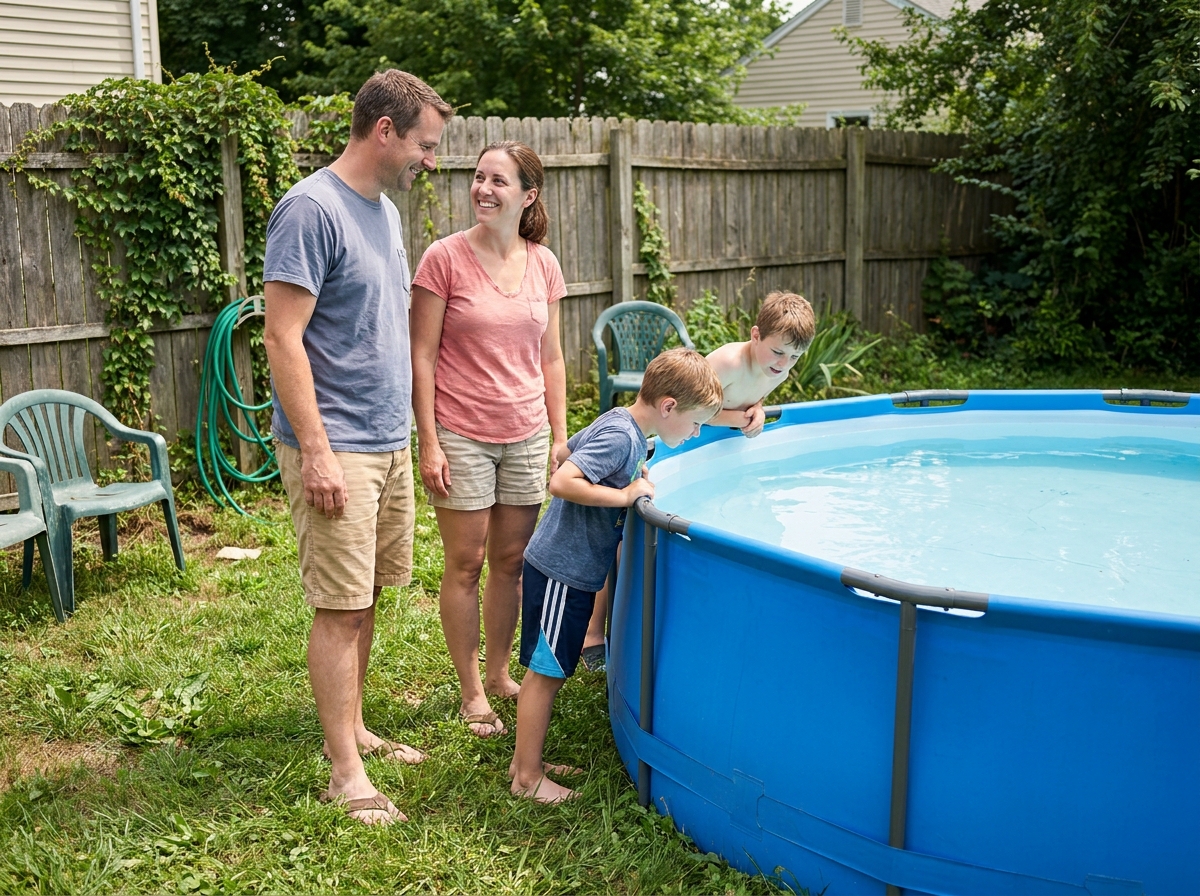 Famille profitant d'une piscine hors sol gonflable dans un jardin de maison individuelle en été