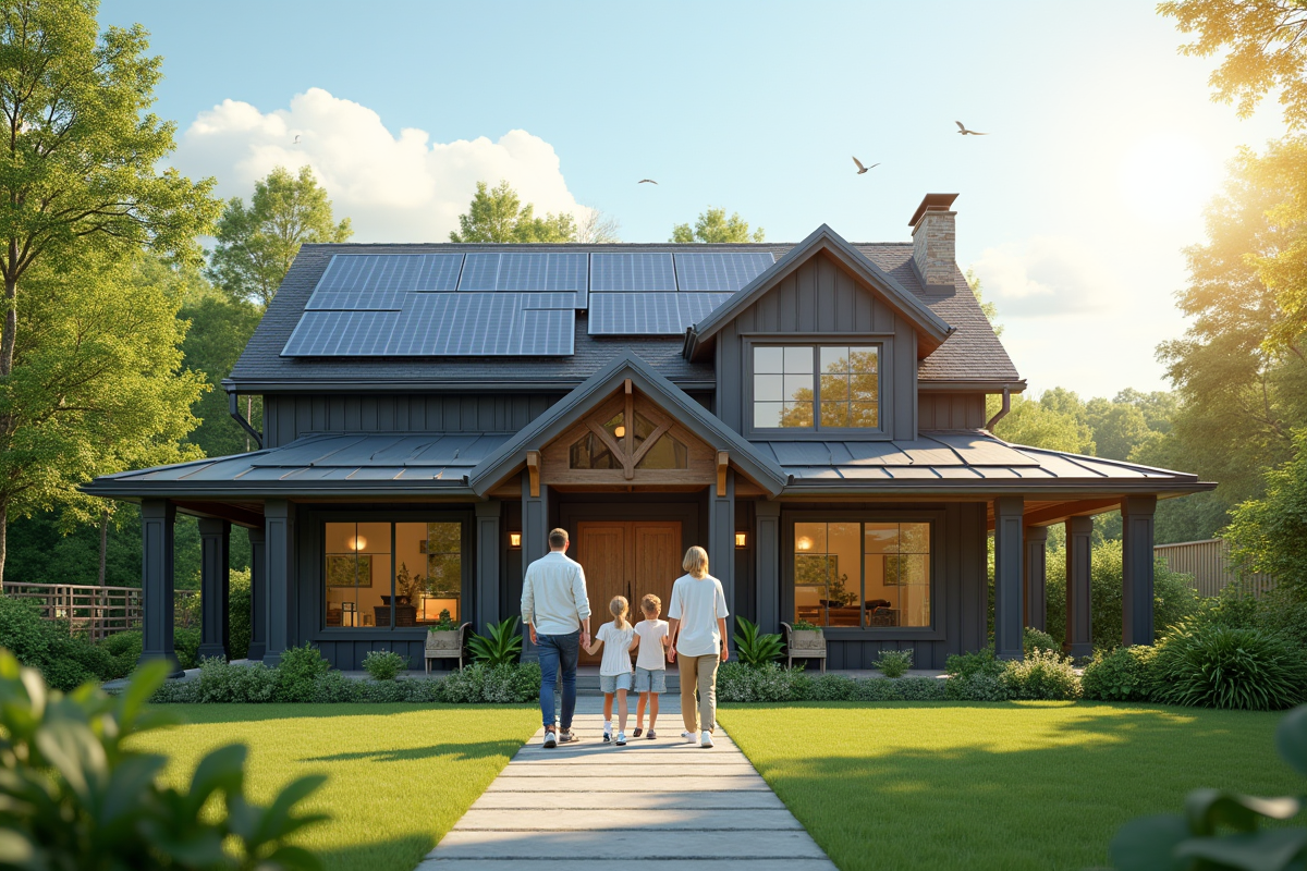 Famille devant leur maison écologique rénovée avec panneaux solaires