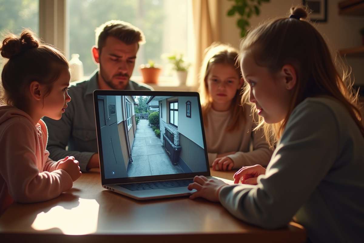 Famille analysant une vidéo de caméra de sécurité à la maison