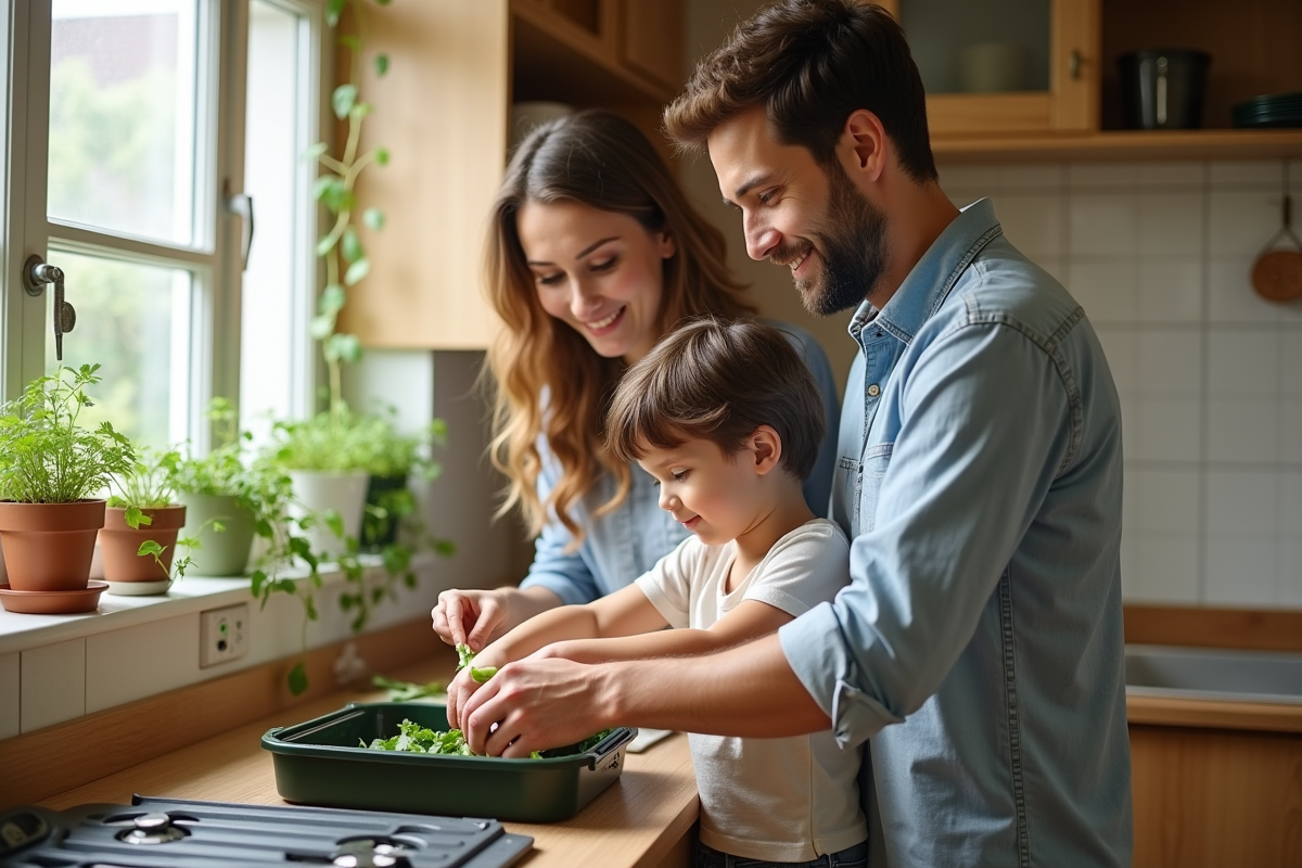 Famille triant des déchets dans la cuisine