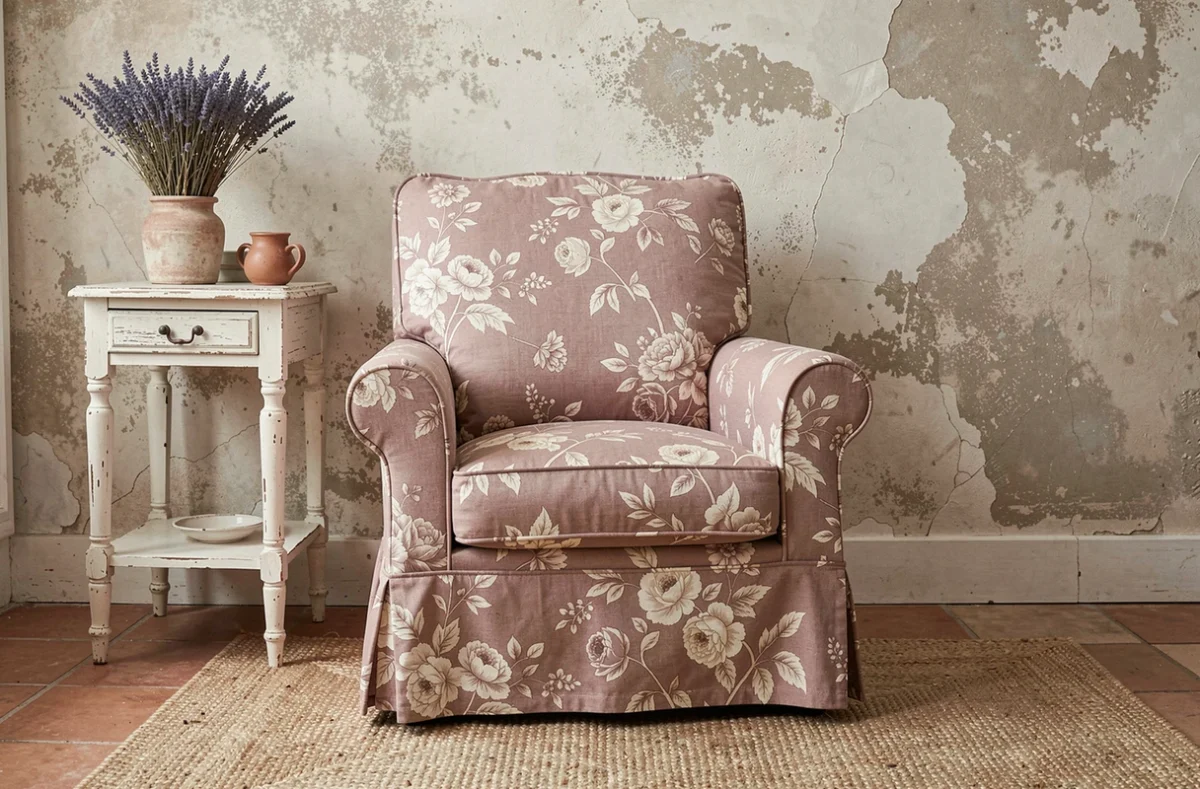 Petit fauteuil habillé d'une housse fleurie rose et ivoire dans une chambre de style provençal français