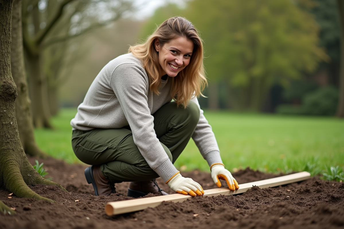Femme nivelant la terre avec une planche en bois dans le jardin