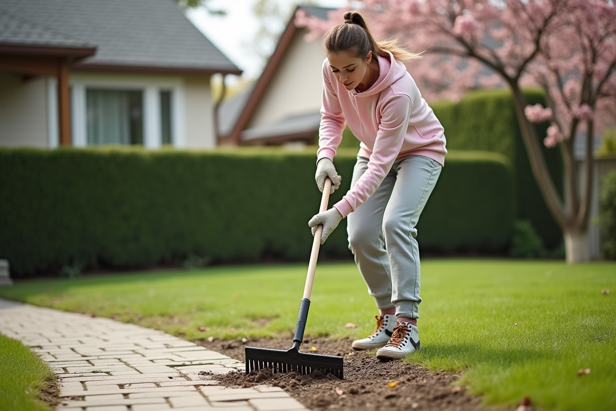 Jeune femme ratisse la pelouse avec des gants de jardinage