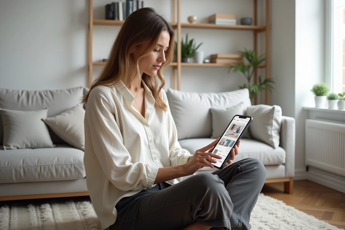 Femme utilisant une application de décoration intérieure sur tablette dans un salon scandinave élégant