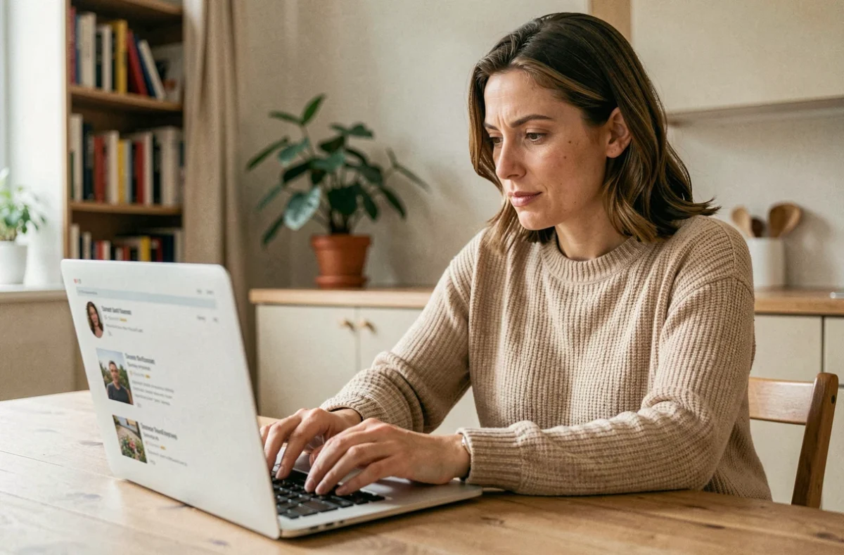 Femme consultant les avis Acheel assurance habitation sur un ordinateur portable dans une cuisine moderne