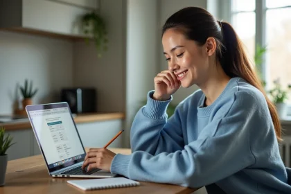 Femme assise &agrave; la cuisine avec ordinateur et notes