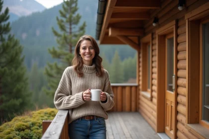 Femme souriante dans un chalet entouré de pins et de mousse