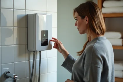 Femme examinant un chauffe-eau électrique rapide monté au mur dans une salle de bain carrelée
