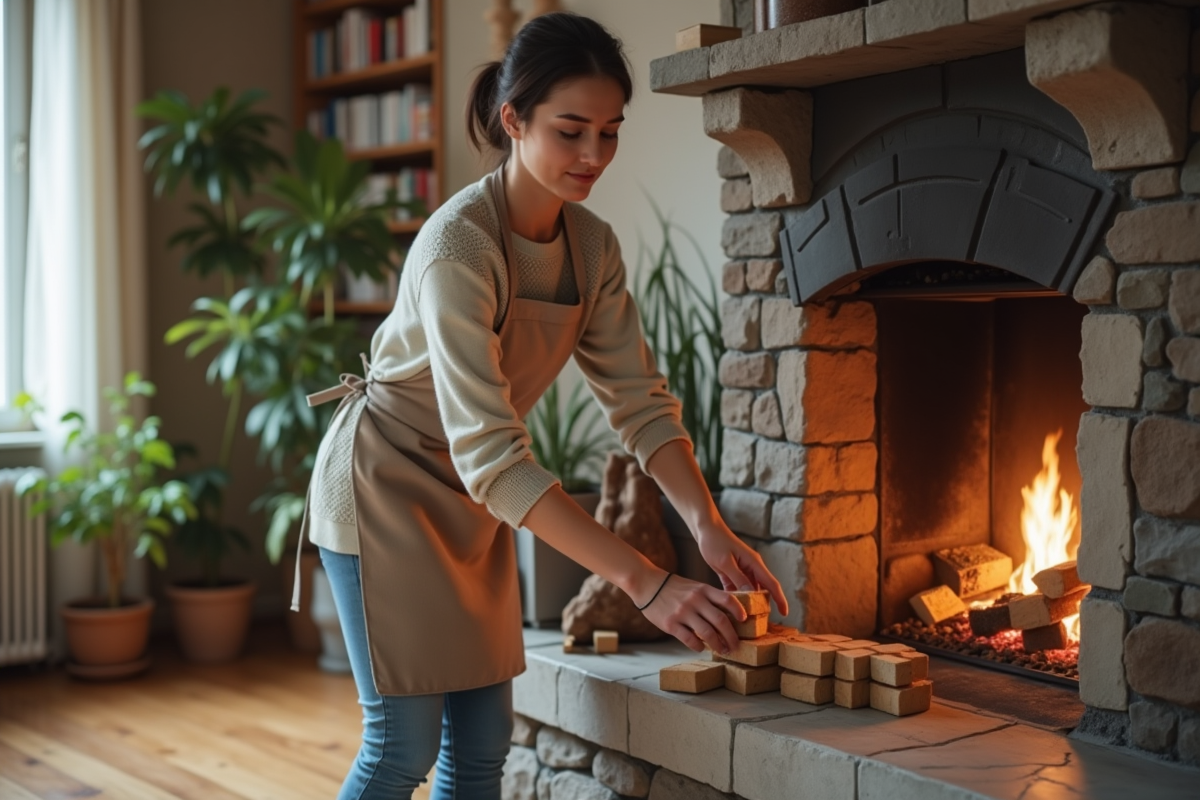 Femme préparant des briquettes dans une cheminée intérieure