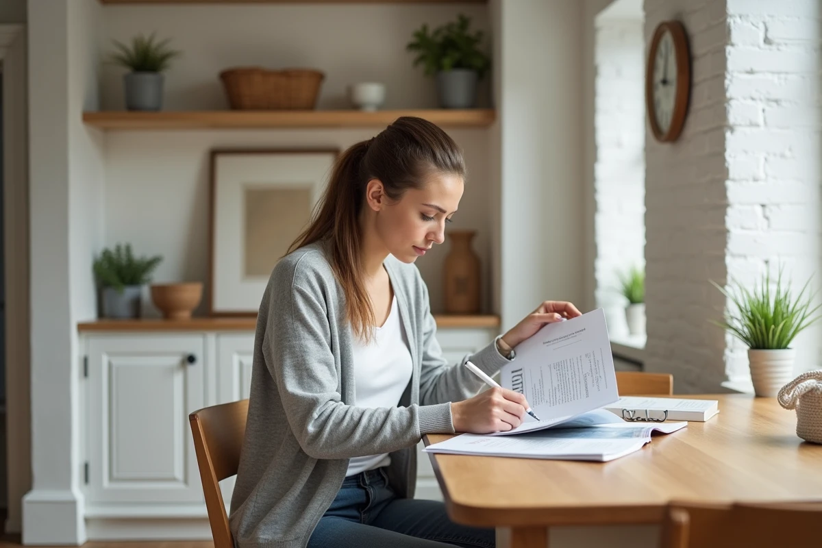 Femme étudie des brochures de rénovation intérieure