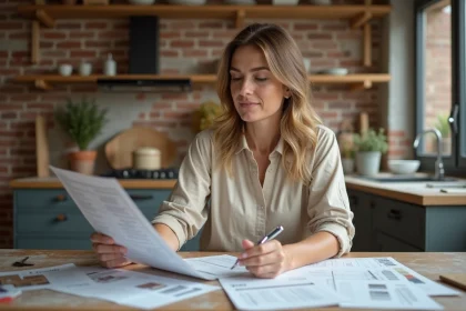 Femme comparant des devis de rénovation sur une table en bois dans une cuisine partiellement rénovée